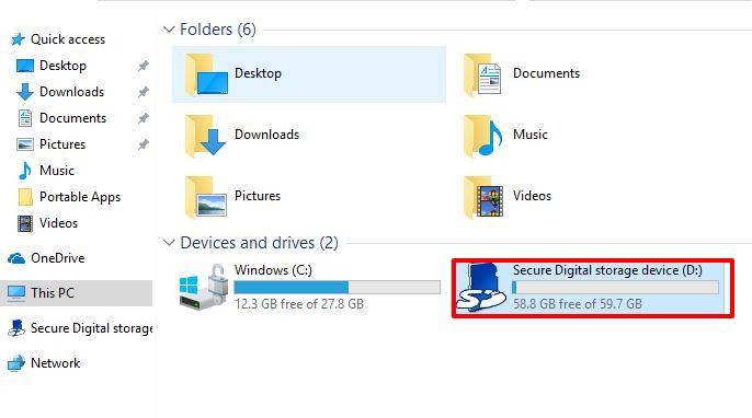 Connect the SD card to your computer.
Open File Explorer and locate the SD card.