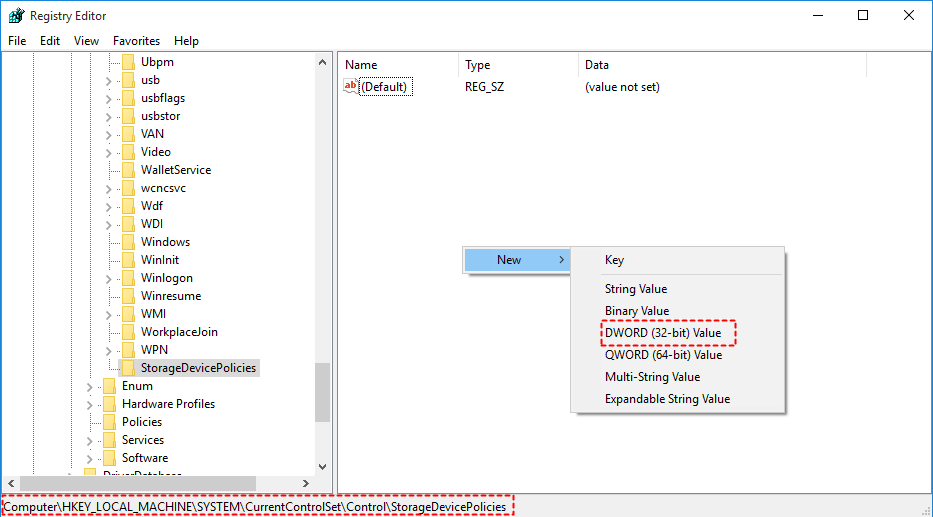 If the WriteProtect value is present and set to 1, double click on it and change the value to 0.
If the WriteProtect value is not present, right-click on an empty space in the right-hand pane, select New, then DWORD (32-bit) Value, and name it WriteProtect.