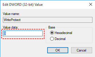 Name the new value WriteProtect.
Double-click on the WriteProtect value and set the Value data to 0.