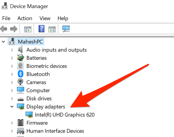 Open Device Manager by pressing Win + X and selecting it from the menu.
Expand the Display adapters category.