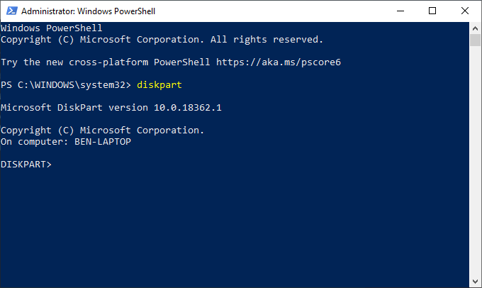 Open the Command Prompt by pressing Win + X and selecting "Command Prompt" or "Windows PowerShell".
Type "diskpart" and press Enter to open the Diskpart utility.