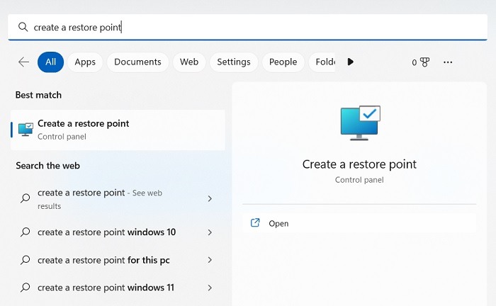 Open the Start menu and search for System Restore.
Click on Create a restore point from the search results.