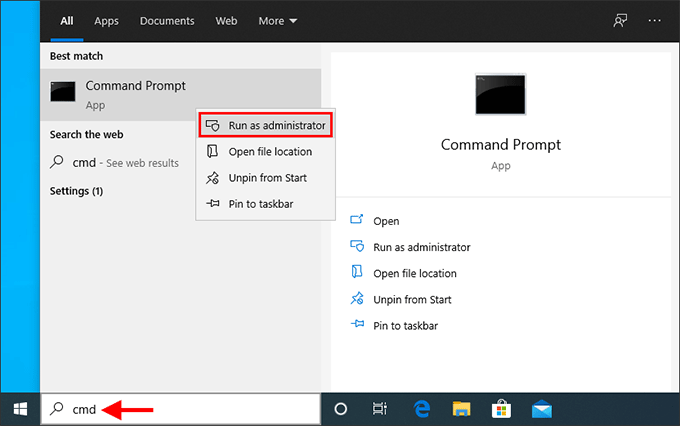 Open the Start menu and type "cmd" in the search bar.
Right-click on Command Prompt and select Run as administrator.