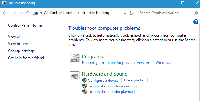 Scroll down and click on Hardware and Devices.
Click Run the troubleshooter and follow the on-screen instructions.